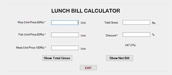 Lunch Bill Calculator In C# With Source Code