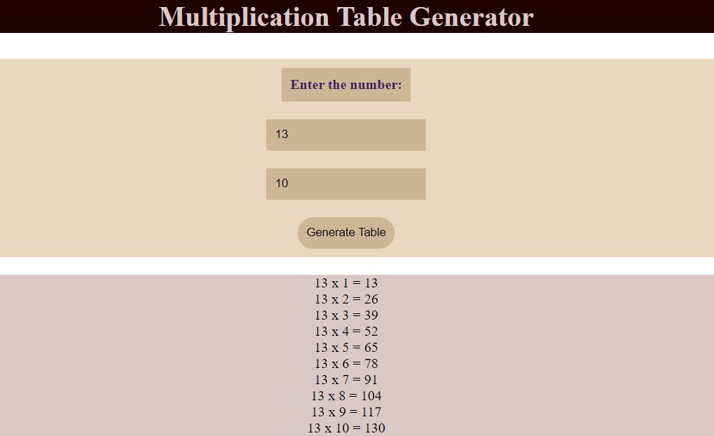 Multiplication Table Generator In JavaScript With Source Code